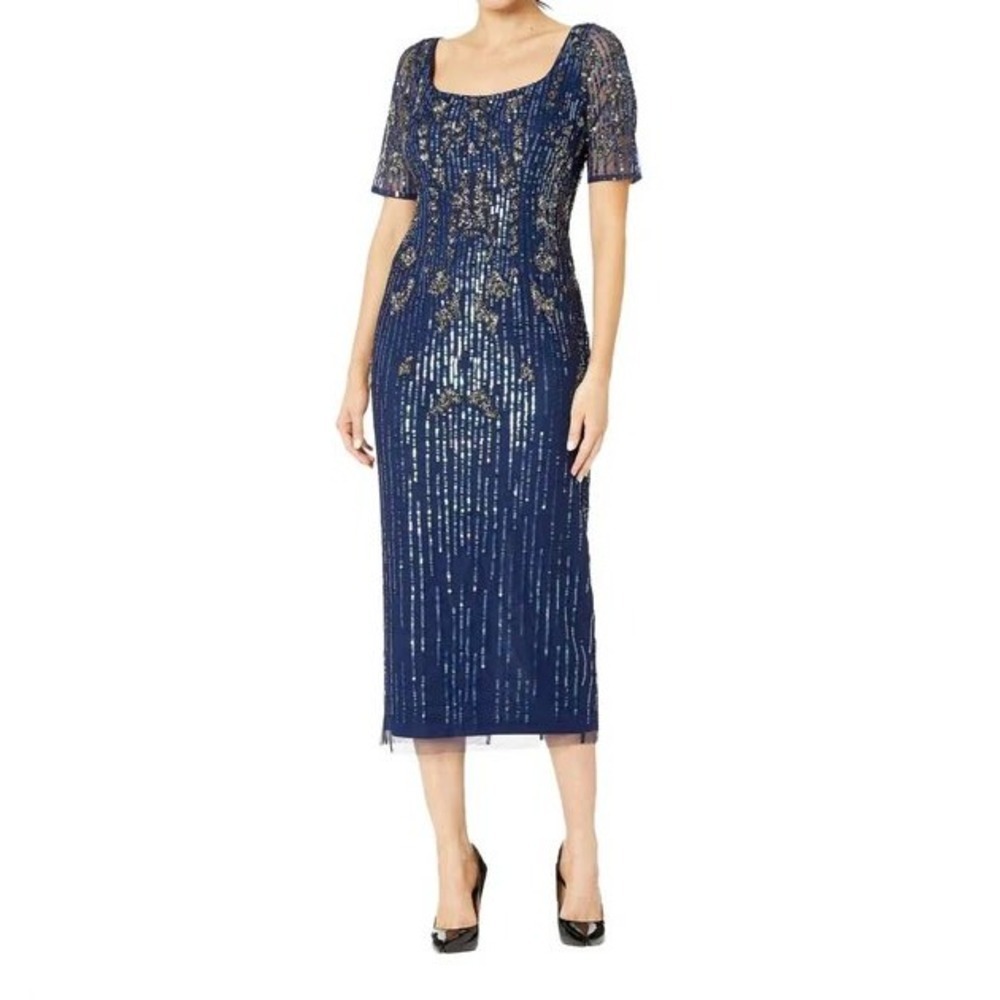Adrianna Papell Navy Blue Sequin Beaded Mesh Gown Dress 14 NEW